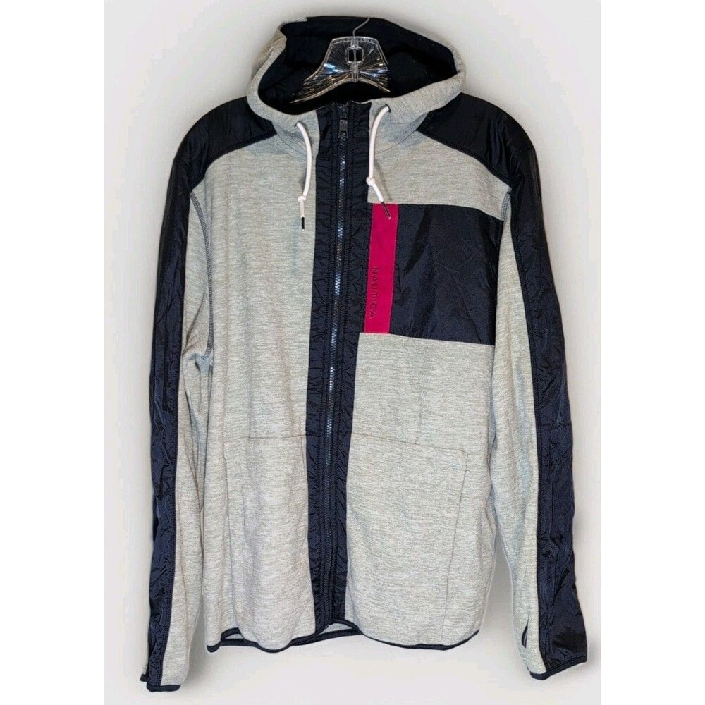 Nautica Men's Full Zip Hoodie Gray Heather Navy Hood Red stripe
